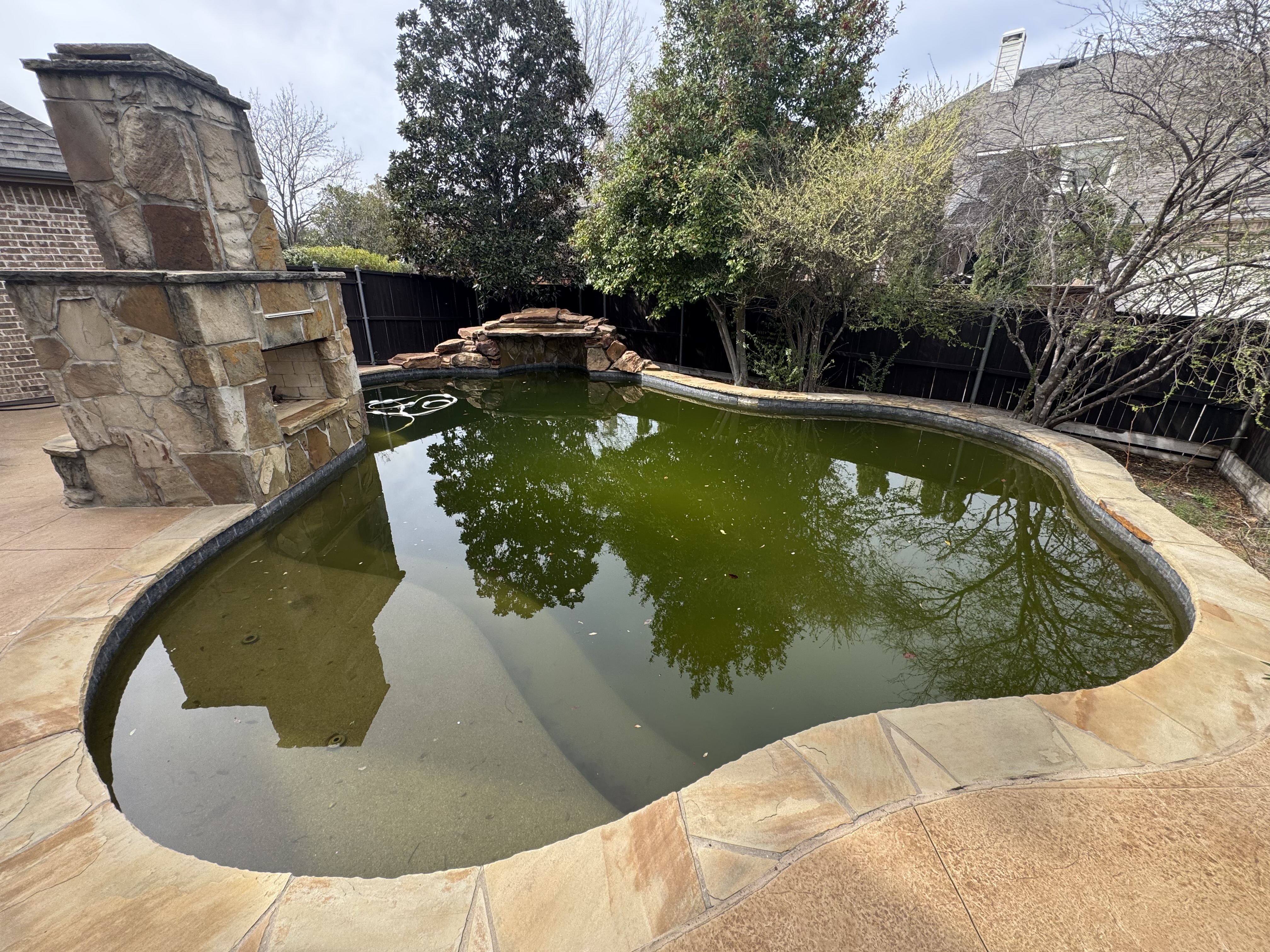 Pool before cleaning — murky water and debris